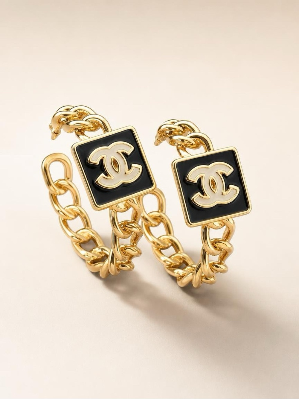 Gold and Black Chain CC Lettered Hoop Earrings